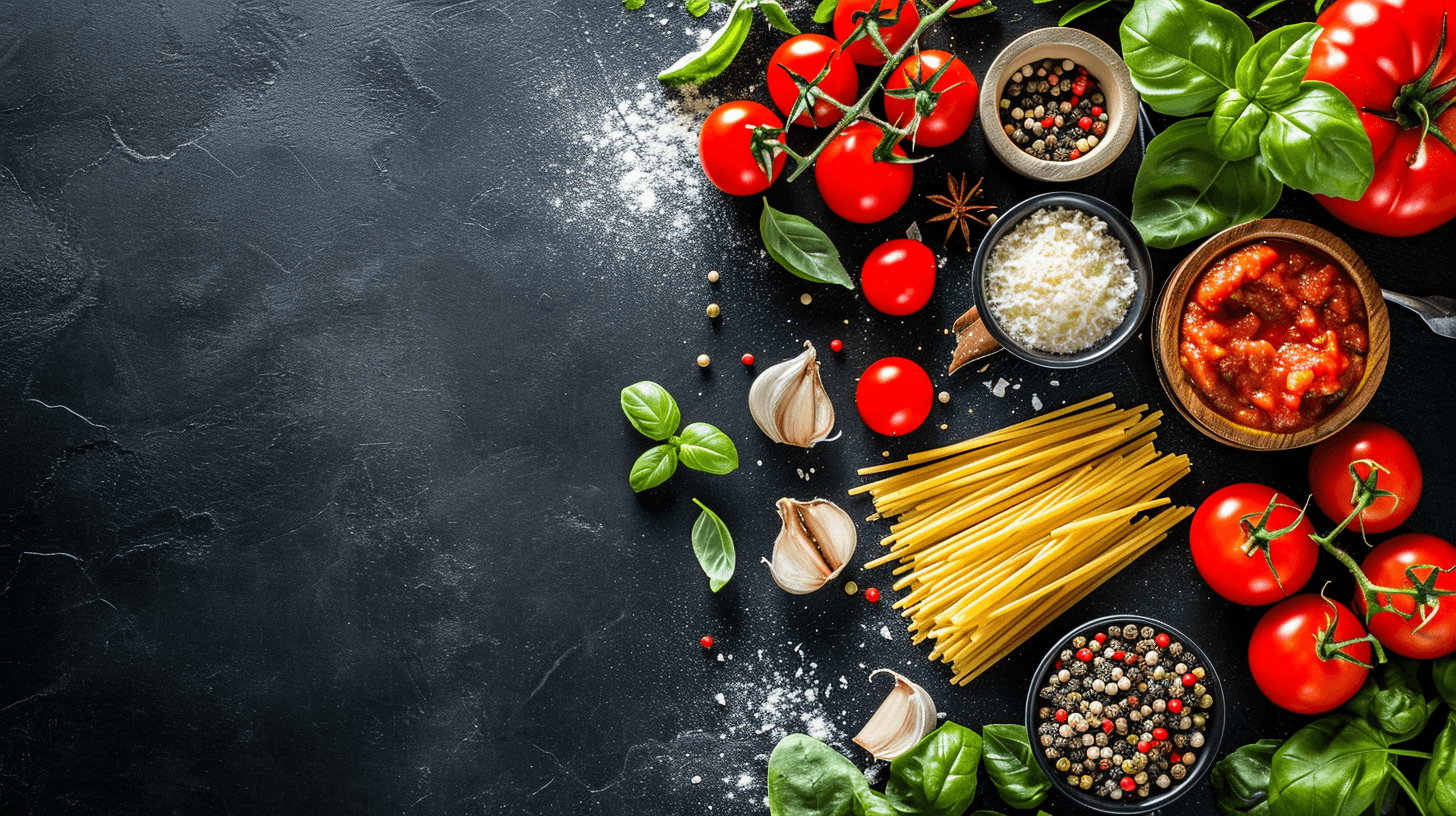 A pasta with tomatoes, basils, garlic and parmesan on the table.