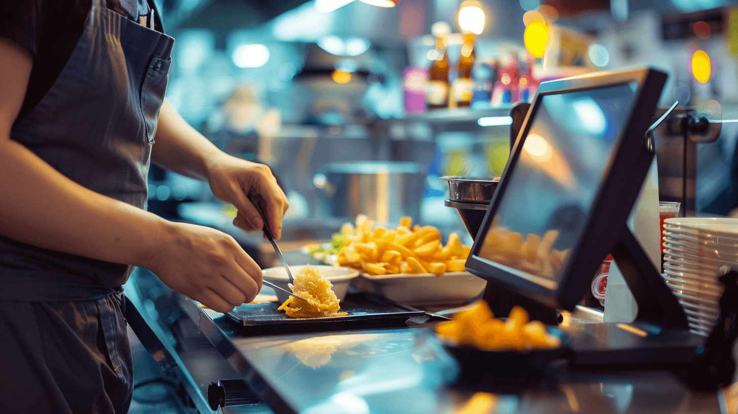 A restaurant cashier in an apron is preparing food.