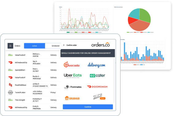 A laptop mockup with third party delivery apps and a chart of statistics.