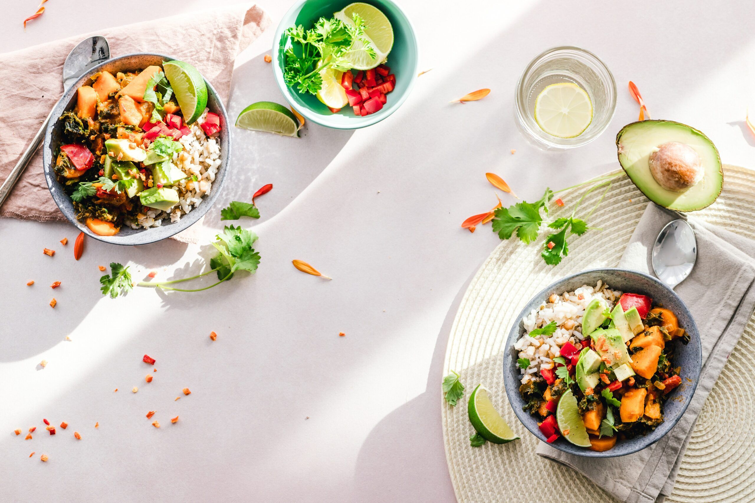 Vegetable salads are placed next to each other.