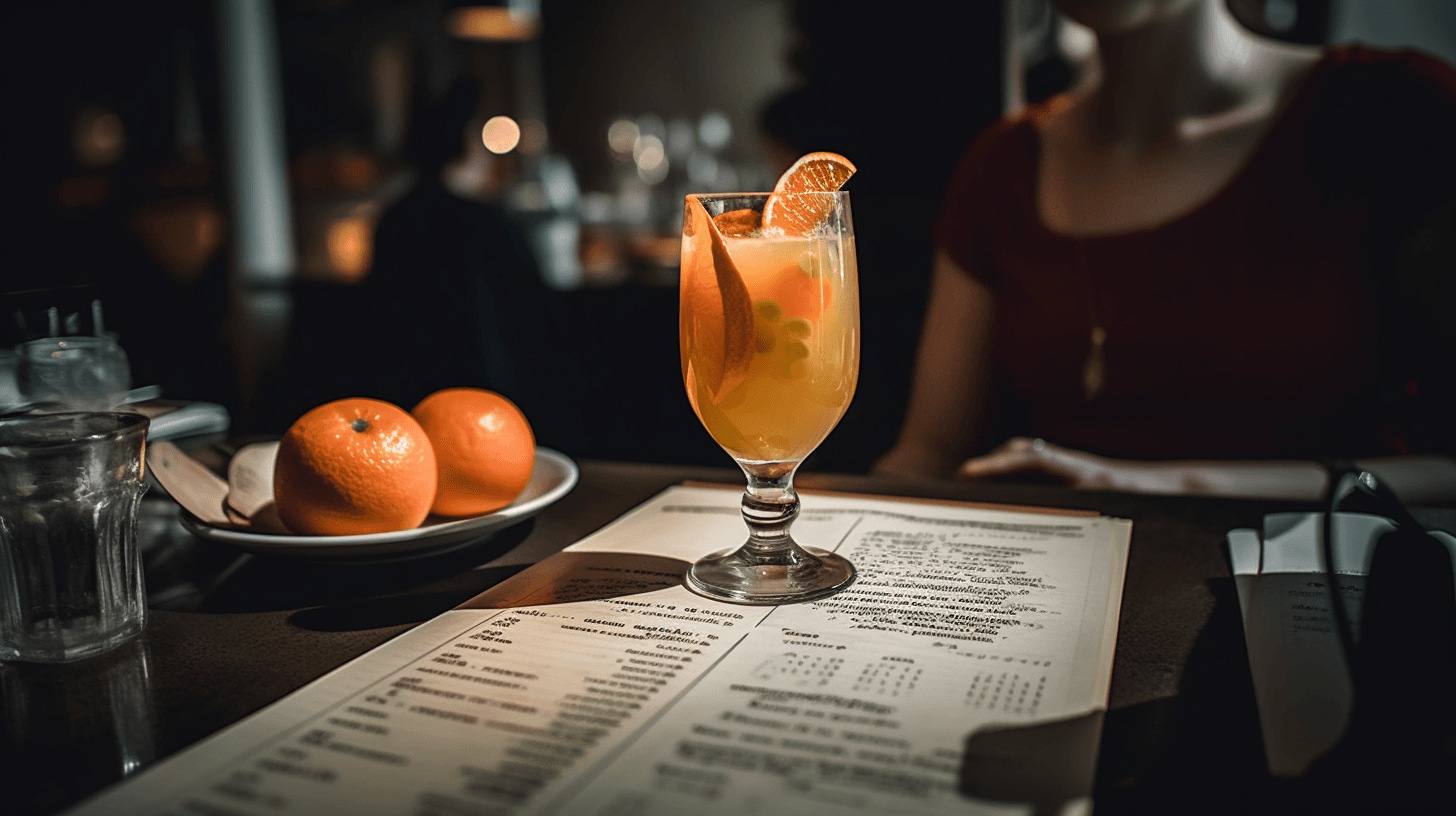 A glass of cocktail placed on the menu in the restaurant table.