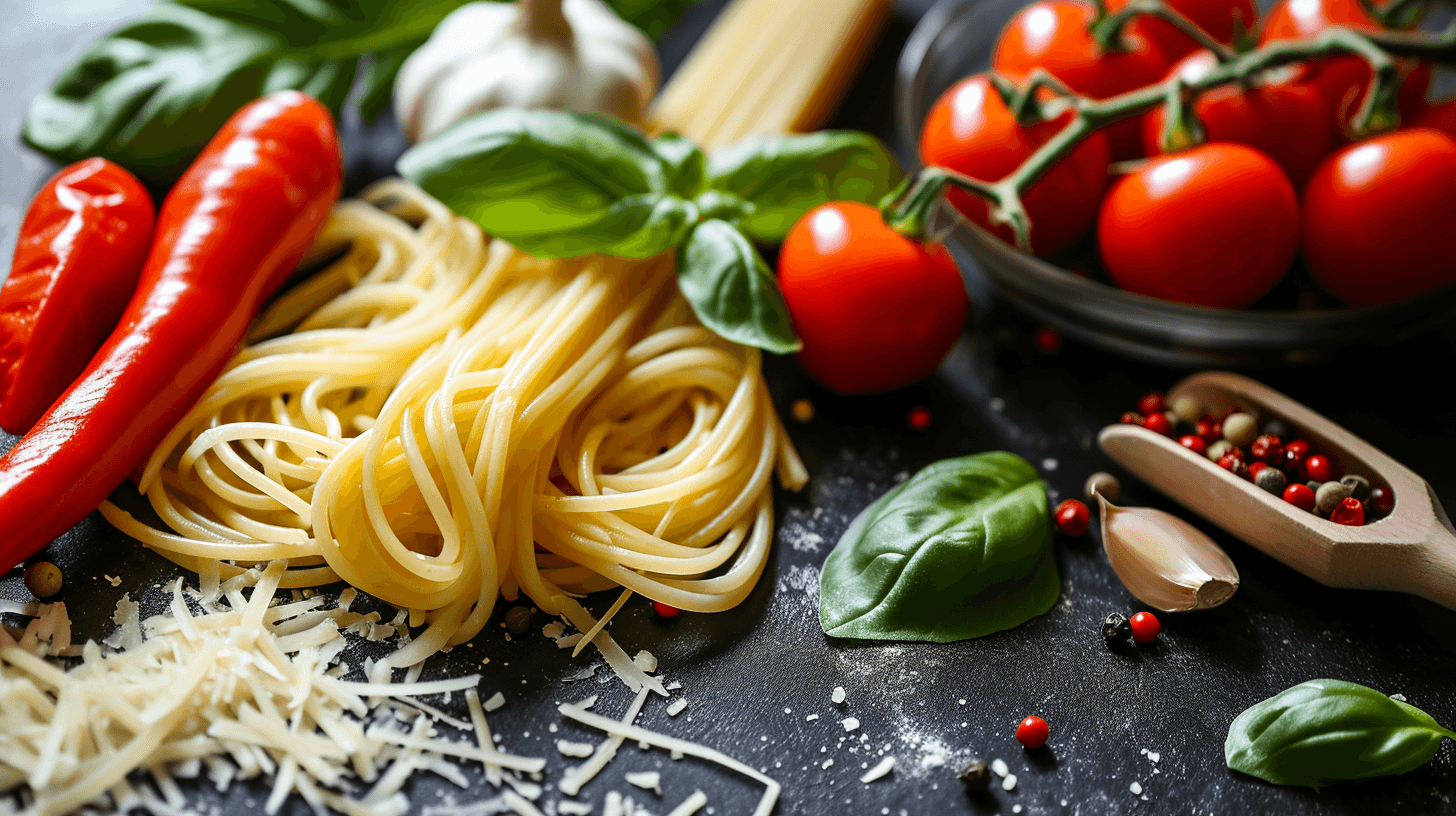 A pasta with tomato and red chili peppers.