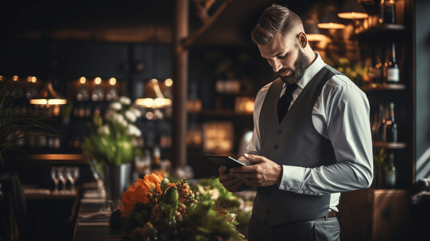 A young man in a suit stands in the restaurant room and looks at his laptop.