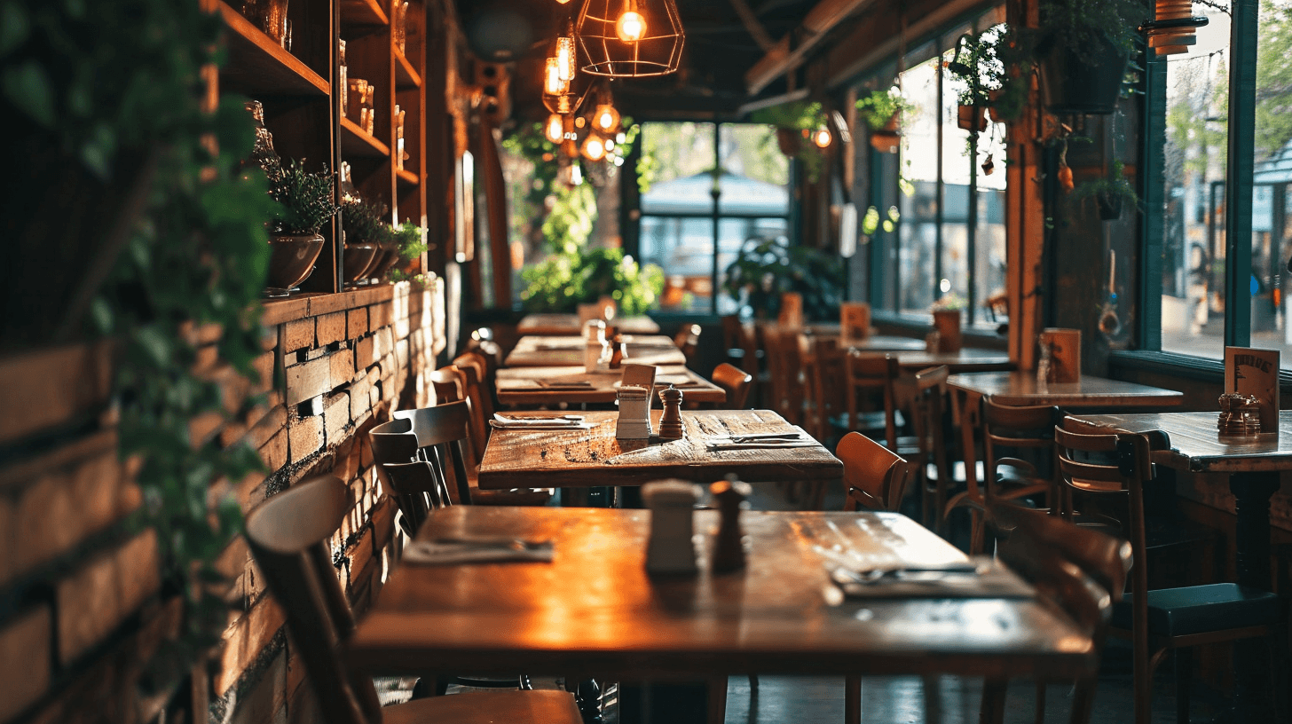 A restaurant interior with lights and plants.