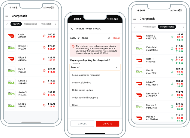 3 mobile phones running dispute chargeback management app.